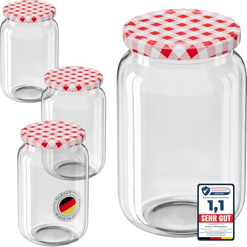 WELLGRO Einmachgläser mit Schraubdeckel TO 82 – rot kariert - Made in Germany - Luftdichte Rundgläser ideal zum Einkochen und Aufbewahren (720ml x 6 Stück) von WELLGRO