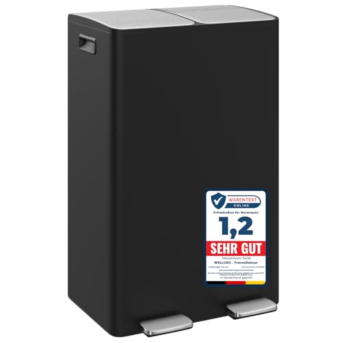 WELLGRO Mülleimer Küche 60 Liter - Edelstahl Tretmülleimer schwarz 2 Fächer, Mülltrennsystem 2 x 30 Liter, Absenkautomatik, klappbare Fußpedale WELLGRO Mülleimer Küche 60 Liter - Edelstahl Tretmülleimer schwarz 2 Fächer, Mülltrennsystem 2 x 30 Liter, Absenkautomatik, klappbare Fußpedale von WELLGRO