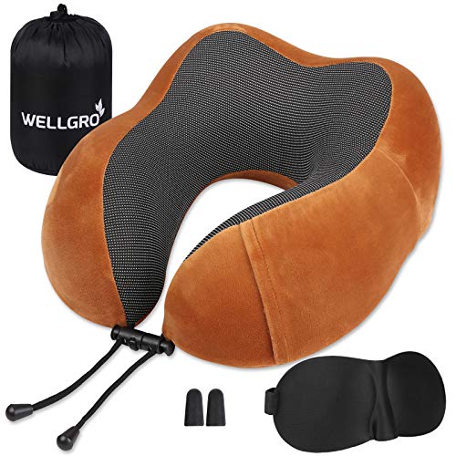 WELLGRO Nackenkissen Set mit 3D Schlafmaske und Ohrstöpsel - Abnehmbarer Bezug - Memory Schaum - Reißverschluss - inkl. Aufbewahrungstasche - Reisekissen - Farbe wählbar, Farbe:Braun von WELLGRO