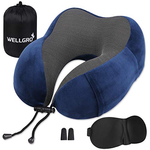 WELLGRO Nackenkissen Set mit 3D Schlafmaske und Ohrstöpsel - Abnehmbarer Bezug - Memory Schaum - Reißverschluss - inkl. Aufbewahrungstasche - Reisekissen - Farbe wählbar, Farbe:Dunkelblau von WELLGRO