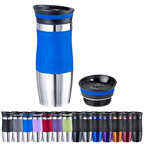 WELLGRO Thermobecher 400 ml + 1 Extradeckel - Edelstahl rostfrei - Silikon Soft-Touch Griffstück - BPA-frei - Isolierbecher doppelwandig - Travel Mug - Kaffeebecher to go, Farbe:Blau von WELLGRO