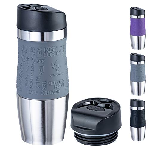 WELLGRO Thermobecher 400 ml + 1 Extradeckel - Edelstahl rostfrei - Silikon Soft-Touch Griffstück - BPA-frei - Isolierbecher doppelwandig - Travel Mug - Kaffeebecher to go, Farbe:Grau von WELLGRO