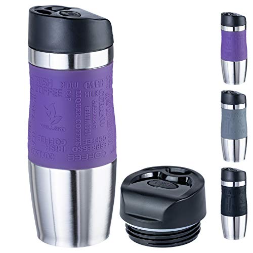 WELLGRO Thermobecher 400 ml + 1 Extradeckel - Edelstahl rostfrei - Silikon Soft-Touch Griffstück - BPA-frei - Isolierbecher doppelwandig - Travel Mug - Kaffeebecher to go, Farbe:Lila von WELLGRO