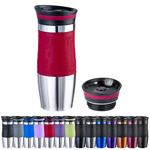 WELLGRO Thermobecher 400 ml + 1 Extradeckel - Edelstahl rostfrei - Silikon Soft-Touch Griffstück - BPA-frei - Isolierbecher doppelwandig - Travel Mug - Kaffeebecher to go, Farbe:Rot von WELLGRO