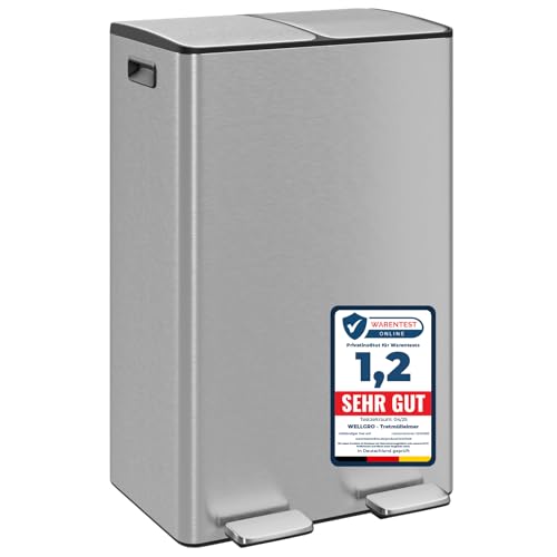 WELLGRO Treteimer, Mülleimer, Edelstahl Tretmülleimer mit 2 x 30 Liter, klappbaren Fußpedalen, Absenkautomatik und praktischen Tragegriffen, Farbe:Silber WELLGRO Treteimer, Mülleimer, Edelstahl Tretmülleimer mit 2 x 30 Liter, klappbaren Fußpedalen, Absenkautomatik und praktischen Tragegriffen, Farbe:Silber von WELLGRO