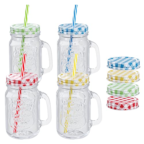 WELLGRO Trinkgläser Set bunt mit Deckel und Trinkhalm 500ml inkl. Ersatzdeckeln Mehrweg Cocktail Gläser Glasbecher, Stückzahl:4 Stück von WELLGRO