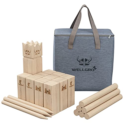 WELLGRO XL Kubb Spiel mit Laser Gravur - Kiefernholz mit Branding, Wikingerspiel inkl. Anleitung und Aufbewahrungstasche - Schwedenschach Rasenschach von WELLGRO