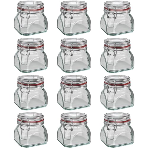 Wellgro Einmachglas mit Bügelverschluss - 550 ml Bügelverschlussglas inkl. Etiketten und Kreidestift - Glas Made in Germany - Menge und Farbe wählbar, Farbe:Rot, Stückzahl:12 Stück von WELLGRO