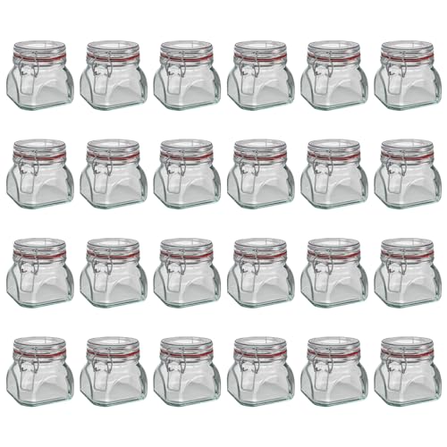Wellgro Einmachglas mit Bügelverschluss - 550 ml Bügelverschlussglas inkl. Etiketten und Kreidestift - Glas Made in Germany - Menge und Farbe wählbar, Farbe:Rot, Stückzahl:24 Stück von WELLGRO