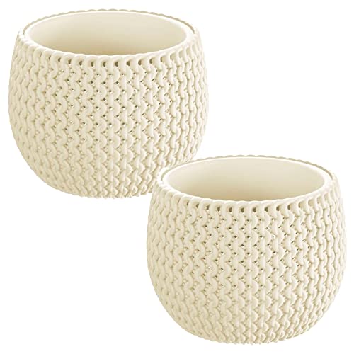 2x runder Blumentopf mit Splofy Bowl Kunststoffbehälter in Cremefarbe 14,4 (Länge) x 14,4 (Breite) x 11 (Höhe) cm von WELLHOME