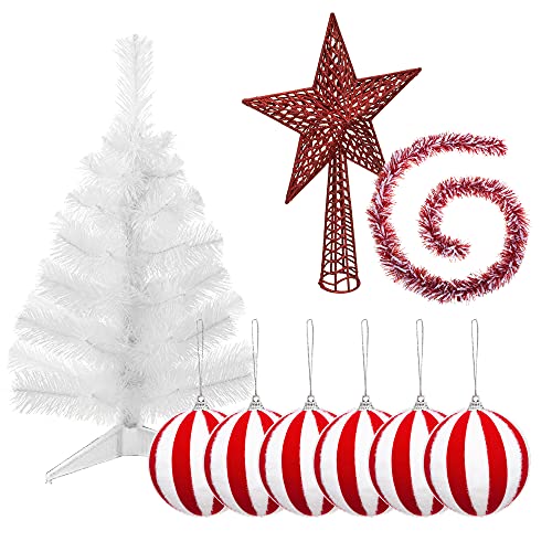Weihnachtsdekoration-Set Tanne weiß 70 cm mit Sockel + 6 Weihnachtskugeln weiß rot + roter Stern + Lametta Girlande weiß und rot 2 m PK3542 von WELL HOME MOBILIARIO & DECORACIÓN