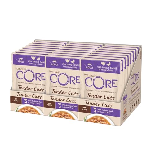 Wellness CORE Tender Cuts, Pute & Ente, 24 x 85 g, Premium Nassfutter für ausgewachsene Katzen in Sauce, ohne Zuckerzusatz, getreidefrei, mit hohem Fleischanteil von Wellness CORE