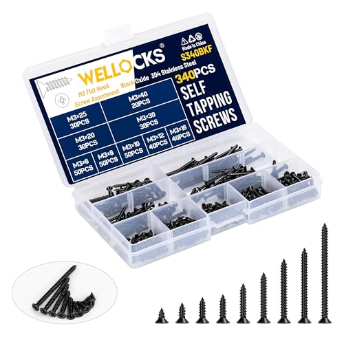 WELLOCKS Selbstschneidende Schrauben | 340 PCS M3 Schwarzes Oxid Edelstahl Schrauben Sortiment Kit | Flacher Kopf Blechschrauben Holzschrauben Set Aufbewahrungsbox | für Reparatur (S340BKF) von WELLOCKS