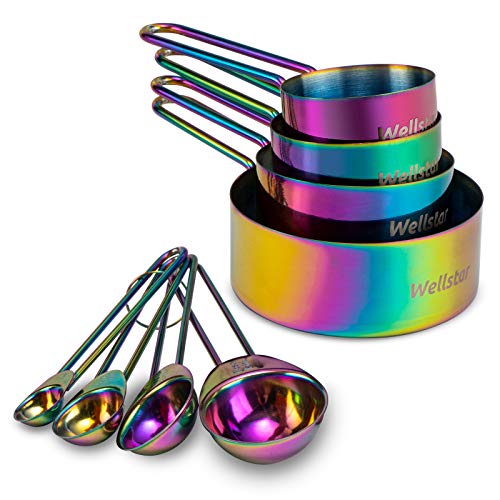 WELLSTAR Messbecher und Löffel Set, 4 Measuring Cups &4 Messlöffel, mit Edelstahl Griff für Küche Kochen Backen, 8er-Set, Messlöffel Set für Trockene und Flüssige Zutaten von WELLSTAR