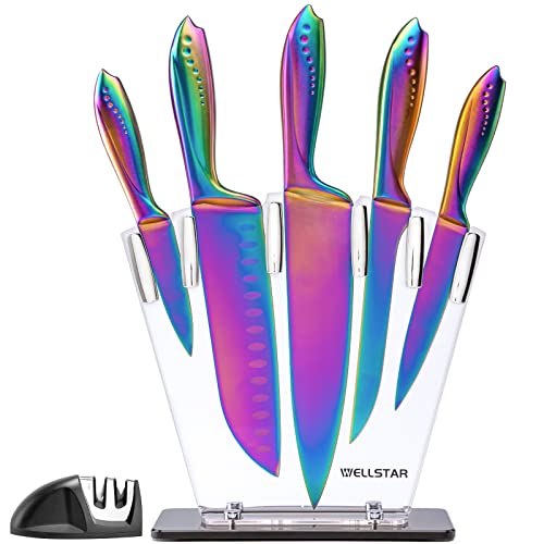 WELLSTAR Messerblock, 7-tlg Messer Set, Titanbeschichtung Antihaft Beschichtung Messer, Kein Rost, Scharf Edelstahl Kochmesser Set mit Acryl Messerhalter für Küchen, Regenbogen Messer WELLSTAR Messerblock, 7-tlg Messer Set, Titanbeschichtung Antihaft Beschichtung Messer, Kein Rost, Scharf Edelstahl Kochmesser Set mit Acryl Messerhalter für Küchen, Regenbogen Messer von WELLSTAR