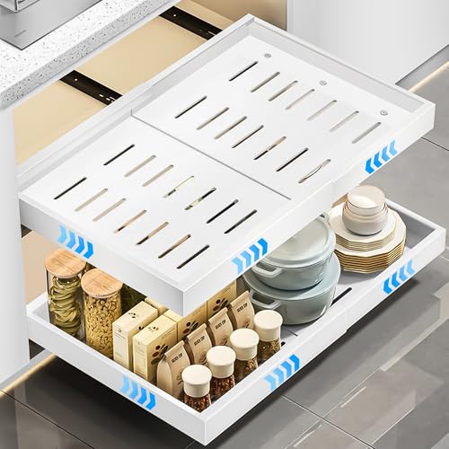 WELLTE Teleskopschublade zum Kleben, 2 Stück Ausziehbare Schublade Küche, (32–52 cm B x 43 cm T x 7,5 cm H) Küchenschubladen Organizer, Slide out Drawer Kein Bohren und Nageln Erforderlich, Weiß von WELLTE