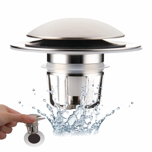 Wellup Universal 2-in-1 Waschbeckenstöpsel aus gebürstetem Nickel, für 2,8 - 3,8 cm Waschbeckenablaufloch, Pop-Up-Waschbeckenstöpsel mit Haarfänger von WELLUP