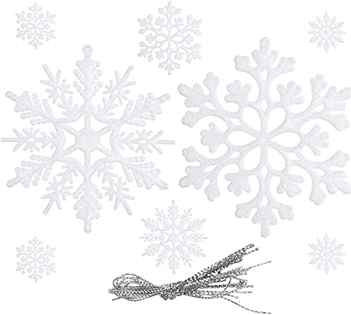 WELLXUNK® Weihnachten Schneeflocken, 24 Stück Glitter Schneeflocken Deko Plastik Aufhängen Weihnachtsbaum Hängende Ornamente Schneeflocke Weihnachtsbaumschmuck Weihnachtsdeko Fensterdeko von WELLXUNK