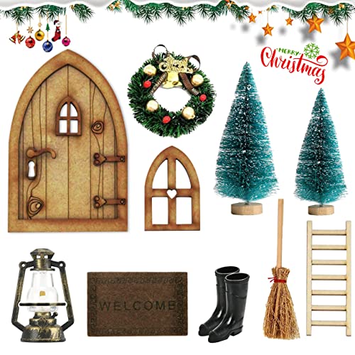 WELLXUNK Wichteltür Weihnachten Set,10pcs Miniatur Wichteltür Set,Wichteltür Zubehör Set,mit Zubehör, Holzleiter Wichtelbesen Gummistiefel Teppich Miniatur Gartenmöbel (B) von WELLXUNK