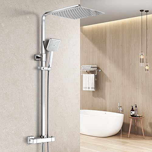 Heilmetz® Duschsystem mit Thermostat Regendusche Duschset, 304 Edelstahl Duschsäule mit Kopfbrause und Handbrause, Eckig 30x30cm Regenbrause Verstellbarer Duschstange 800-1180mm Chrom von Heilmetz