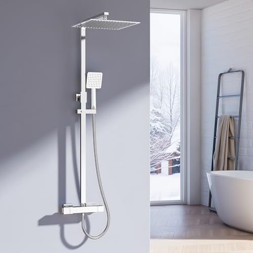 Heilmetz Duschsystem mit Thermostat Regendusche Duschset, 304 Edelstahl Duschsäule mit Kopfbrause und Handbrause, Eckig 30x30cm Regenbrause Verstellbarer Duschstange 800-1180mm Chrom von Heilmetz