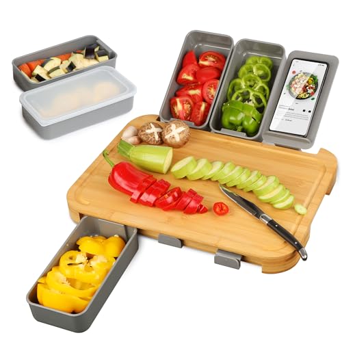 WELTRXE Bambus-Schneidebrett mit Behältern, XXL großes Holz-Schneidebrett 7er-Set (ein 42 x 31 x 3,7 cm Brett + 5 Kunststoffbehälter mit Deckel + 1 Smartphone-Halterung) von WELTRXE
