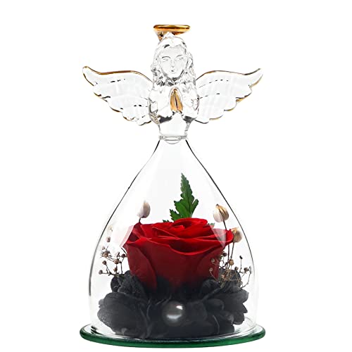 WELTRXE Konservierte Rose in Engelsfigur aus Glas in Glaskuppel - Ewige Handgemachte Rose Rot Blume mit Perlen Verschönerung - süßes Geschenk für sie zum Geburtstag Hochzeitstag Weihnachten(16,3cm) von WELTRXE