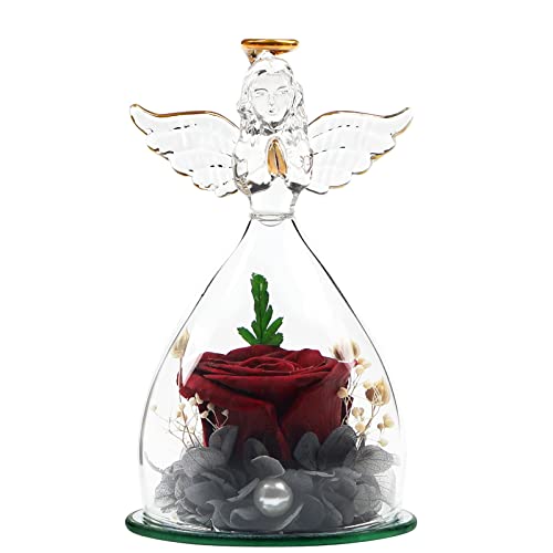 WELTRXE Konservierte Rose in Engelsfigur aus Glas in Glaskuppel - Ewige Handgemachte Rose Weinrot Blume mit Perlen Verschönerung - süß Geschenk für sie zum Geburtstag Hochzeitstag Weihnachten(16,3cm) von WELTRXE