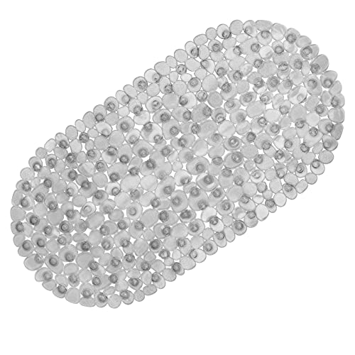 WELTRXE Pebbles Badewannenmatte, rutschfest, oval, Duschmatte mit Saugnäpfen, Ablauflöchern, 69 x 35 cm, Kunststoff, maschinenwaschbar, latexfreie Sicherheitsmatte für Badewanne, transparentes Grau von WELTRXE