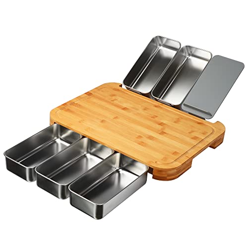 WELTRXE Schneidebrett Holz mit 5 Edelstahlbehälter, 42 x 31 x 3,7 cm Bambus Schneidebrett Set XXL Groß mit 1 Handyhalterung,Küchenutensilien Küchenhelfer Schneidebretter von WELTRXE