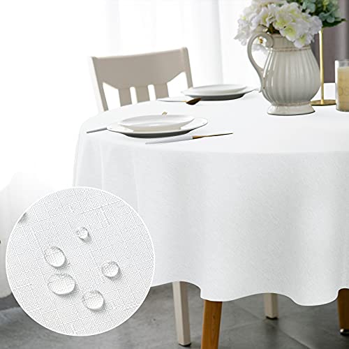 WELTRXE Tischdecke, Minimalart Tischtuch aus Polyester mit Lotuseffekt, 180cm Leinenimitation Wasserabweisend Abwaschbar Tisch Decke, Rund Weiß Tischwäsche für Esstisch Zuhause Hochzeit Festival von WELTRXE