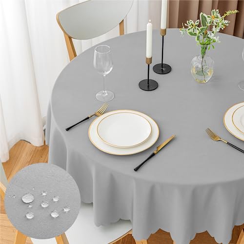 WELTRXE Tischdecken,Stoff Tischdecke Rund aus Polyester Wasserdicht Abwaschbar,150cm Durchmesser Hellgrau Tischwäsche für Esstisch Geburtstag Hochzeit Party von WELTRXE