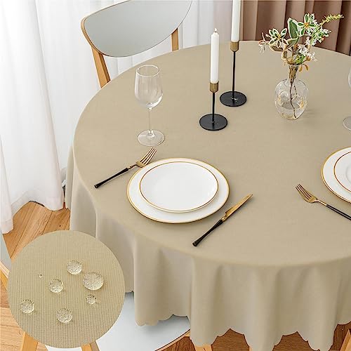 WELTRXE Tischdecken,Stoff Tischdecke Rund aus Polyester Wasserdicht Abwaschbar,150cm Durchmesser Khaki Tischwäsche für Esstisch Geburtstag Hochzeit Party von WELTRXE