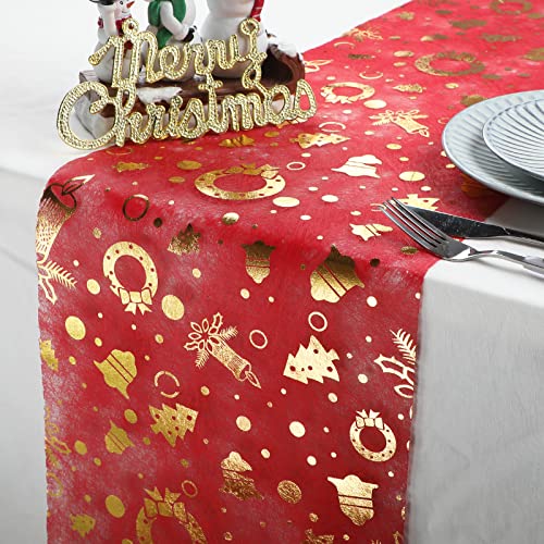 WELTRXE Tischläufer, 28cm × 15m rot Dekostoff aus Polyesterfabern mit vergoldeten Abziehbildern von Glocken und Kerzen von WELTRXE