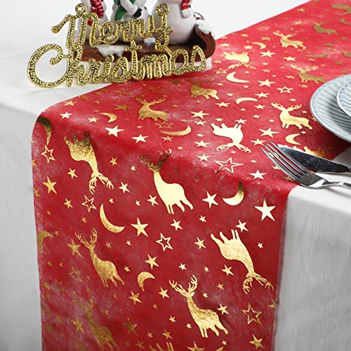 WELTRXE Tischläufer, 28cm × 15m rot Dekostoff aus Polyesterfabern mit vergoldeten Abziehbildern von Sterne und Rentiere von WELTRXE