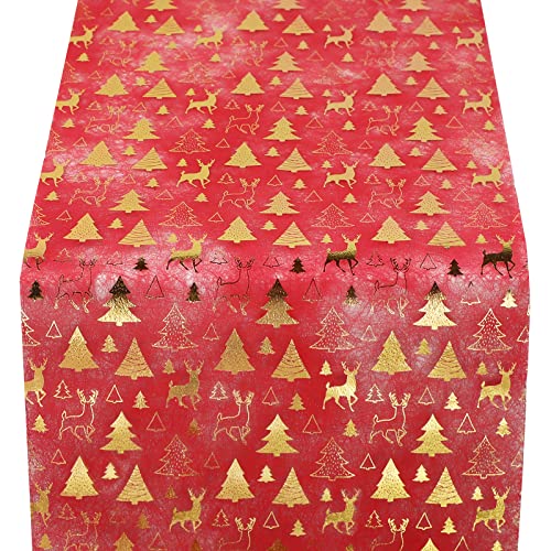 WELTRXE Tischläufer, 28cm × 15m rot Dekostoff aus Polyesterfabern mit vergoldeten Abziehbildern von Weihnachtsbaum und Rentier von WELTRXE