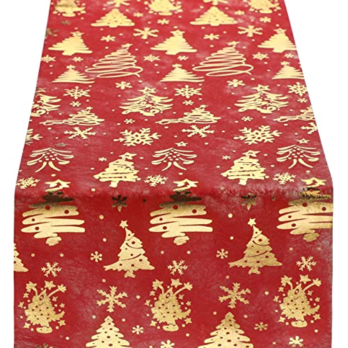 WELTRXE Tischläufer aus Vliesstoff in Rot und Gold mit Weihnachtsbaum- und Schneeflockenmustern für Dekoration, Heimwerken, Einpacken, 28 cm x 5 m von WELTRXE