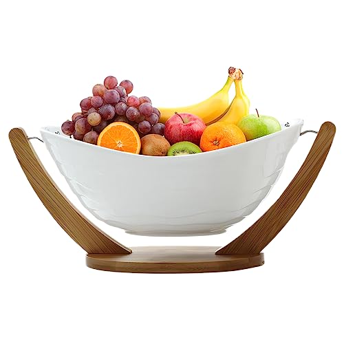 WEMUBSU Große Keramik-Obstschale mit Holzständer und Sieb, Obstkorb für Küchentheke, Tischdekoration, Party, Bar, große Salat-Servierschüssel, modern, weiß von WEMUBSU
