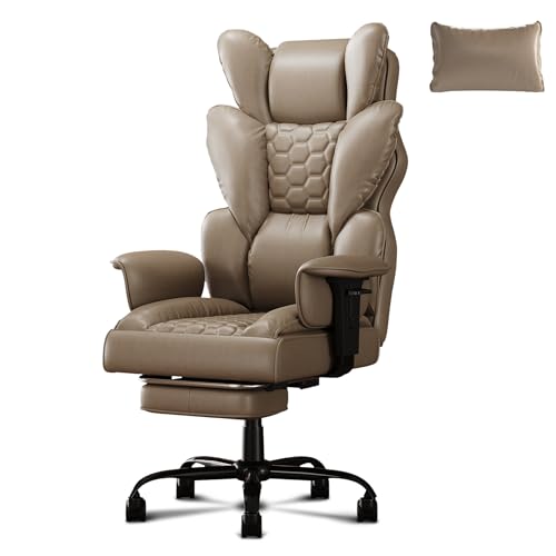 WEMUZVIU Ergonomischer Bürostuhl mit hoher Rückenlehne, PU-Leder mit Fußstütze, Chefdrehstuhl mit gepolsterten Armlehnen für Zuhause und Büro (Braun) von WEMUZVIU