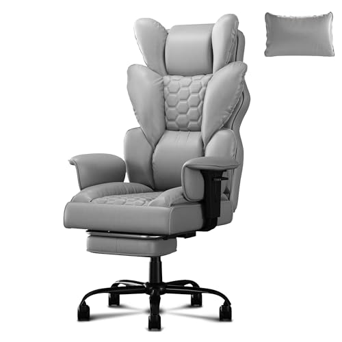 WEMUZVIU Ergonomischer Bürostuhl mit hoher Rückenlehne, PU-Leder mit Fußstütze, Chefdrehstuhl mit gepolsterten Armlehnen für Zuhause und Büro (Grau) von WEMUZVIU