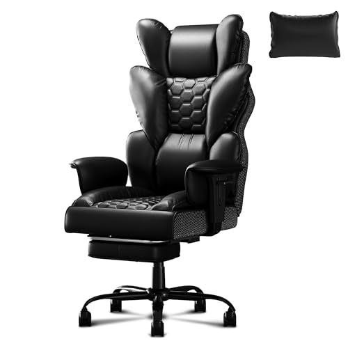 WEMUZVIU Ergonomischer Bürostuhl mit hoher Rückenlehne, PU-Leder mit Fußstütze, Chefdrehstuhl mit gepolsterten Armlehnen für Zuhause und Büro (Schwarz) von WEMUZVIU