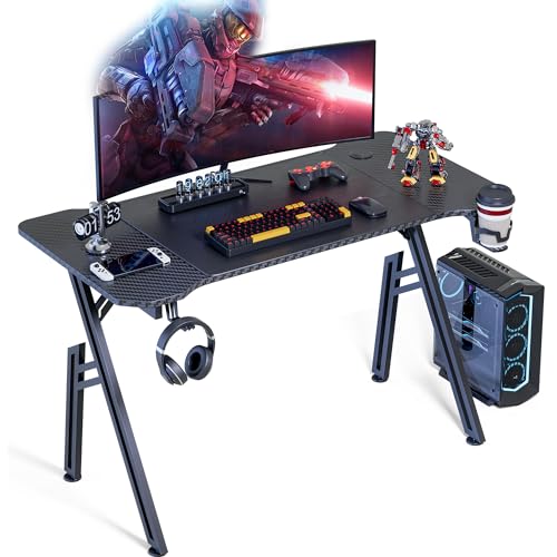 WEMUZVIU Gaming-Schreibtisch mit LED-Lichtern, 119,9 cm (47 Zoll), Kohlefaser-Oberfläche, Computertisch, großer Gaming-Tisch, ergonomisch, Heimbüro-Schreibtische, Gamer, Gamer-Workstation mit von WEMUZVIU