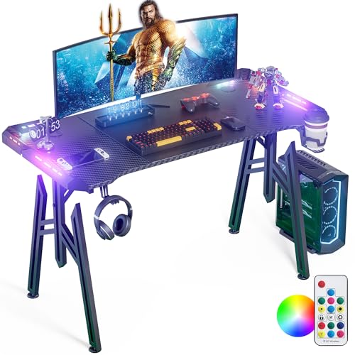 WEMUZVIU Gaming-Schreibtisch mit LED-Lichtern, ergonomischer Karbonfaser-Oberfläche, Computertisch, Heimbüro-Schreibtische, M-förmiger PC-Gamer-Tisch, ultimativer Gamer-Arbeitsplatz mit Getränkehalter von WEMUZVIU
