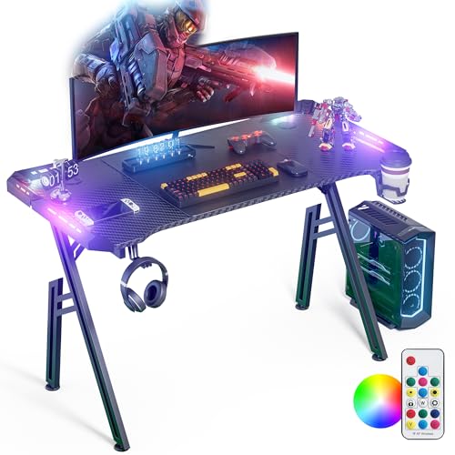 WEMUZVIU RGB-Gaming-Schreibtisch, ergonomischer PC-Gaming-Tisch, großer Computer-Arbeitsplatz mit LED-Lichtern, Getränkehalter und Kopfhörerhaken von WEMUZVIU