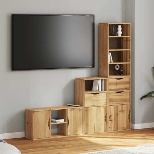 WEMYUFURN 4-TLG. Wohnwand mit Stauraum ODDA Massivholz Kiefer HiFi Rack Fernseher Schrank Couchtisch tv Bank von WEMYUFURN