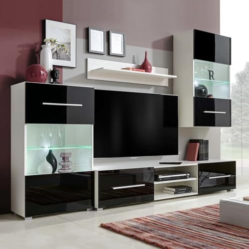 WEMYUFURN 4-TLG. Wohnwand mit TV-Schrank & LED-Leuchten Hochglanz-Schwarz kommode tv möbel lowboard Fernseher Schrank von WEMYUFURN