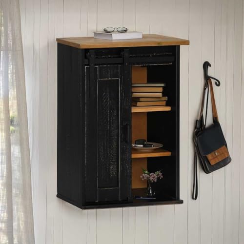 WEMYUFURN Hängeschrank Halden mit Schiebetür Schwarz Halden Hängeschrank aus Kiefernholz mit Schiebetür und Einlegeböden, platzsparend und wandmontiert für vielseitige Au von WEMYUFURN