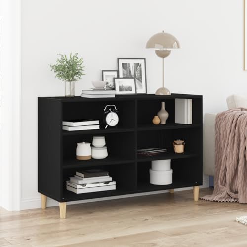 WEMYUFURN Massives Eichenholz Sideboard in Schwarz - Modernes Schlankdesign mit 6 Regalen für Wohnzimmer und Essbereich, Stauraum Möbel für kleine Räume von WEMYUFURN