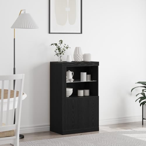 WEMYUFURN Moderner Eiche Stauraum Schrank mit Chromgriffen - Massivholz Aufbewahrungsschrank für Wohnzimmer und Büro in Tief Matt Schwarz von WEMYUFURN