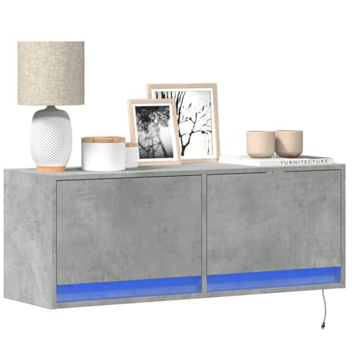 WEMYUFURN TV-Wandschrank mit LED-Beleuchtung Betongrau Fernsehtisch tv Cabinet HiFi Rack hängeschrank 100x31x35 cm von WEMYUFURN